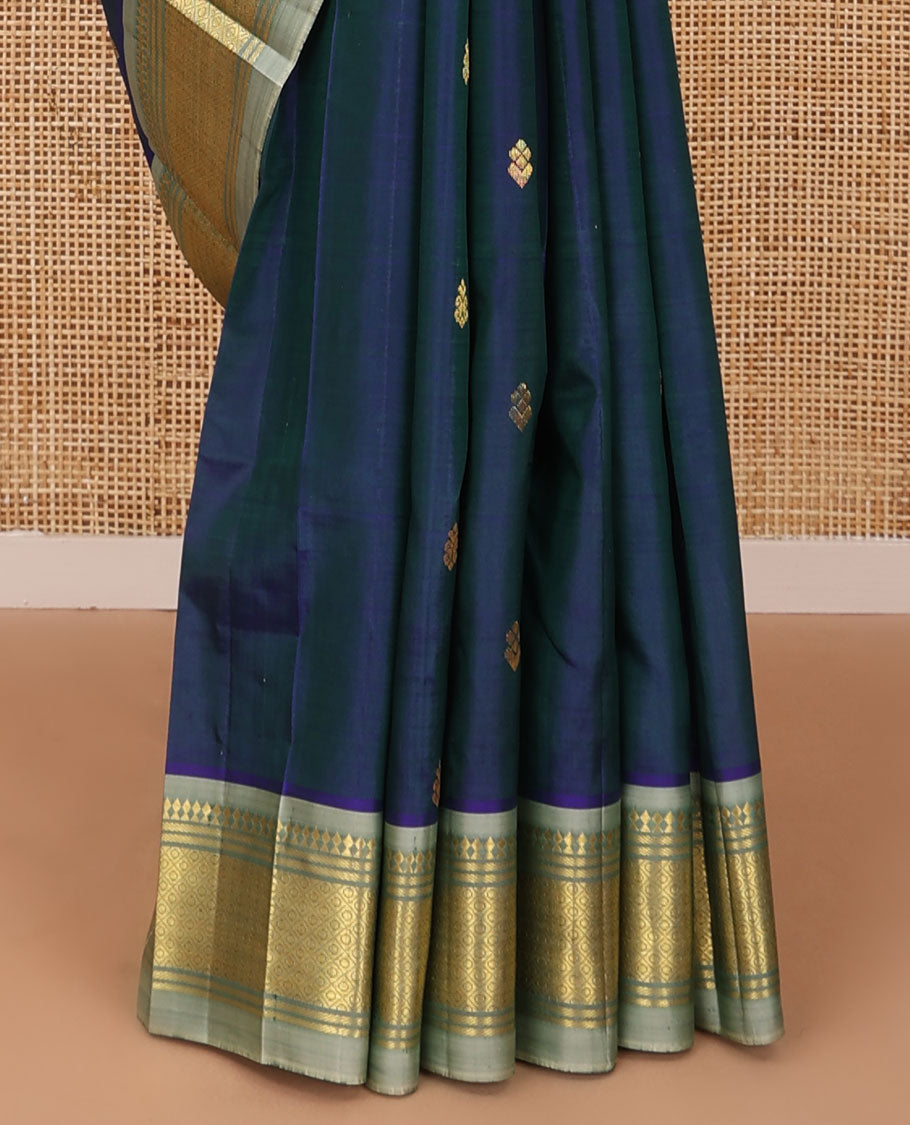 Blue zari buttas woven Kanchipuram silk saree, contrast one-sided border of panner sombu,banaras & jaal designs & zari woven pallu