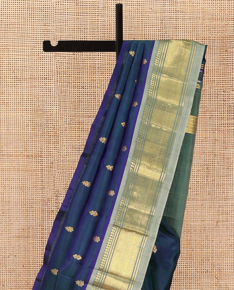 Blue zari buttas woven Kanchipuram silk saree, contrast one-sided border of panner sombu,banaras & jaal designs & zari woven pallu