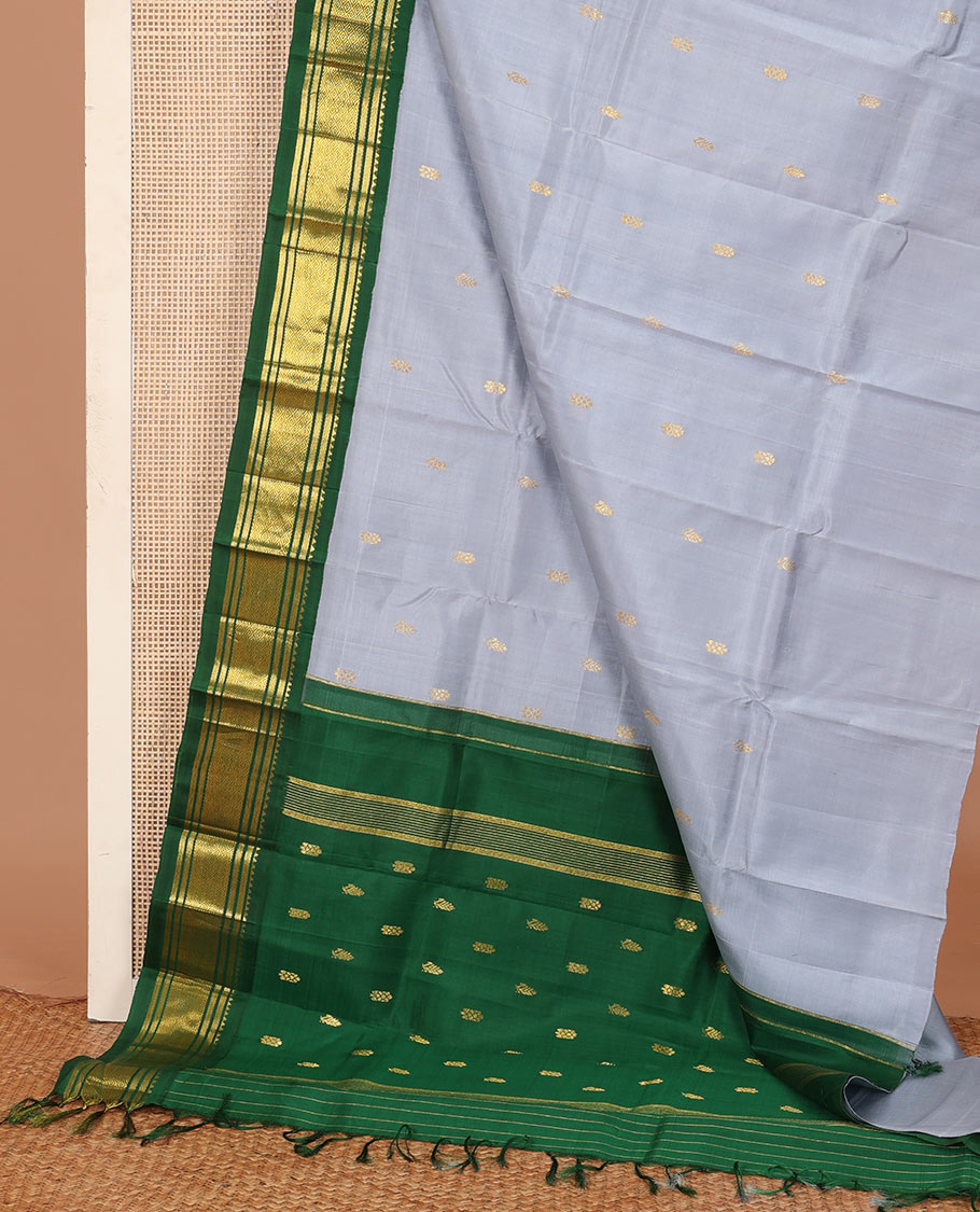 Grey zari buttas Kanchipuram silk saree, contrast one-sided border of rekku, banaras, and jaal, and zari design pallu