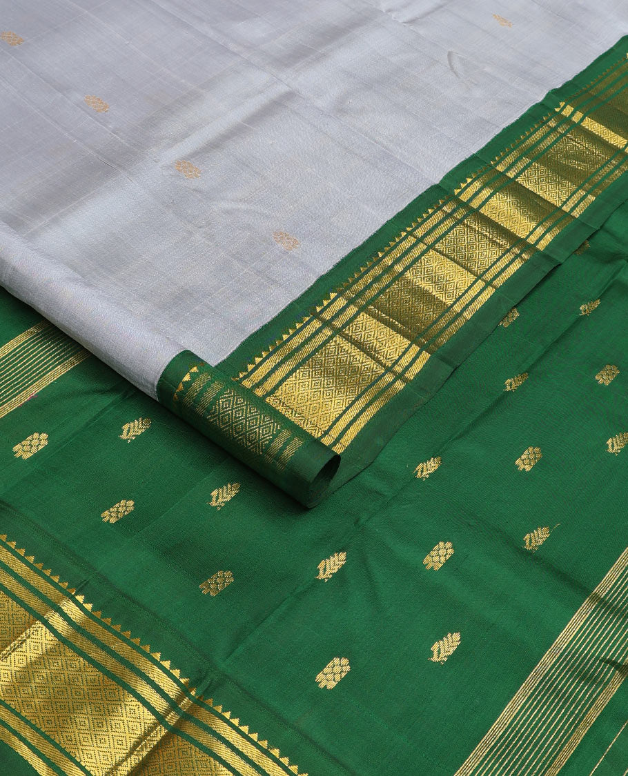 Grey zari buttas Kanchipuram silk saree, contrast one-sided border of rekku, banaras, and jaal, and zari design pallu