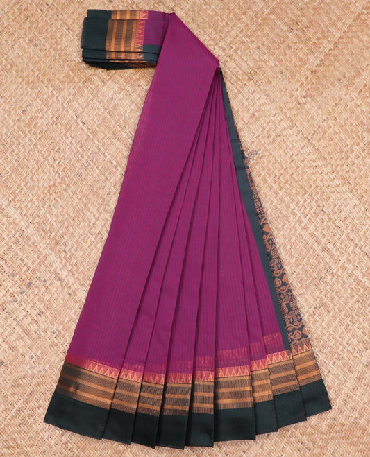 Purple striped kora cotton saree with contrast temple border & intrcate zari design pallu