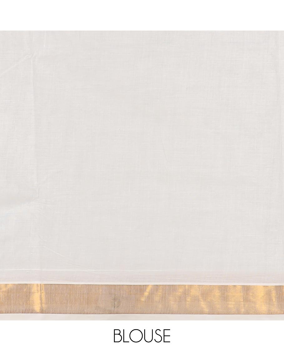 Cream paddy style motifs embroidered Kerala cotton saree, zari border, and paddy style motifs embroidered pallu