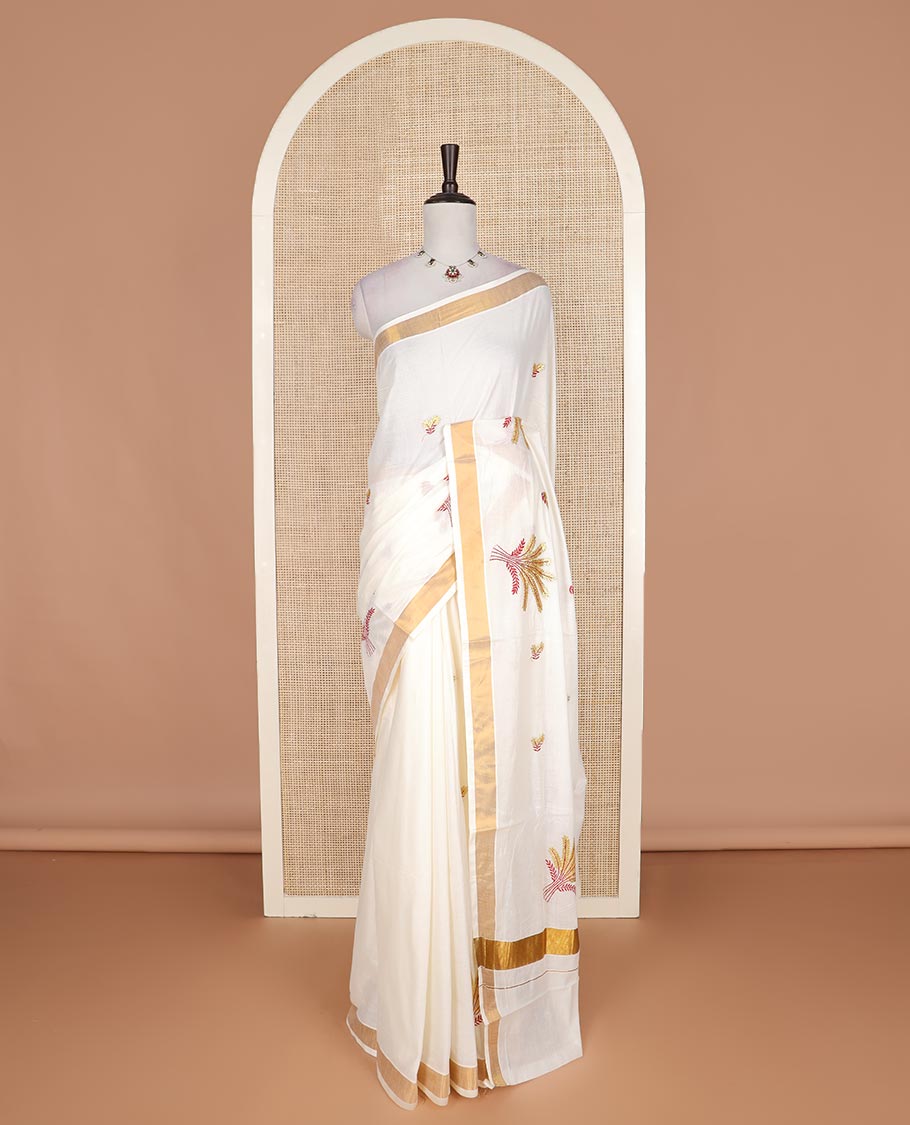 Cream paddy style motifs embroidered Kerala cotton saree, zari border, and paddy style motifs embroidered pallu