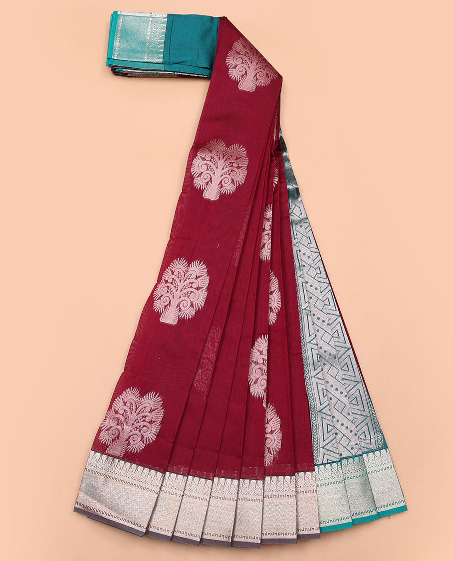 Maroon tree design kora cotton saree with contrast zari design border & geometric design pallu