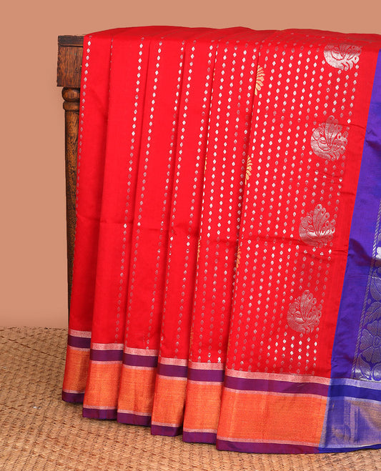 Red kupadam cotton saree with unique buttas,contrast plain border & pallu of floral designs