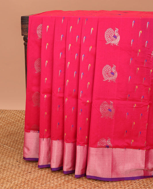 Pink kuppadam cotton saree with buttas, plain border & contrast pallu of ogee patterns