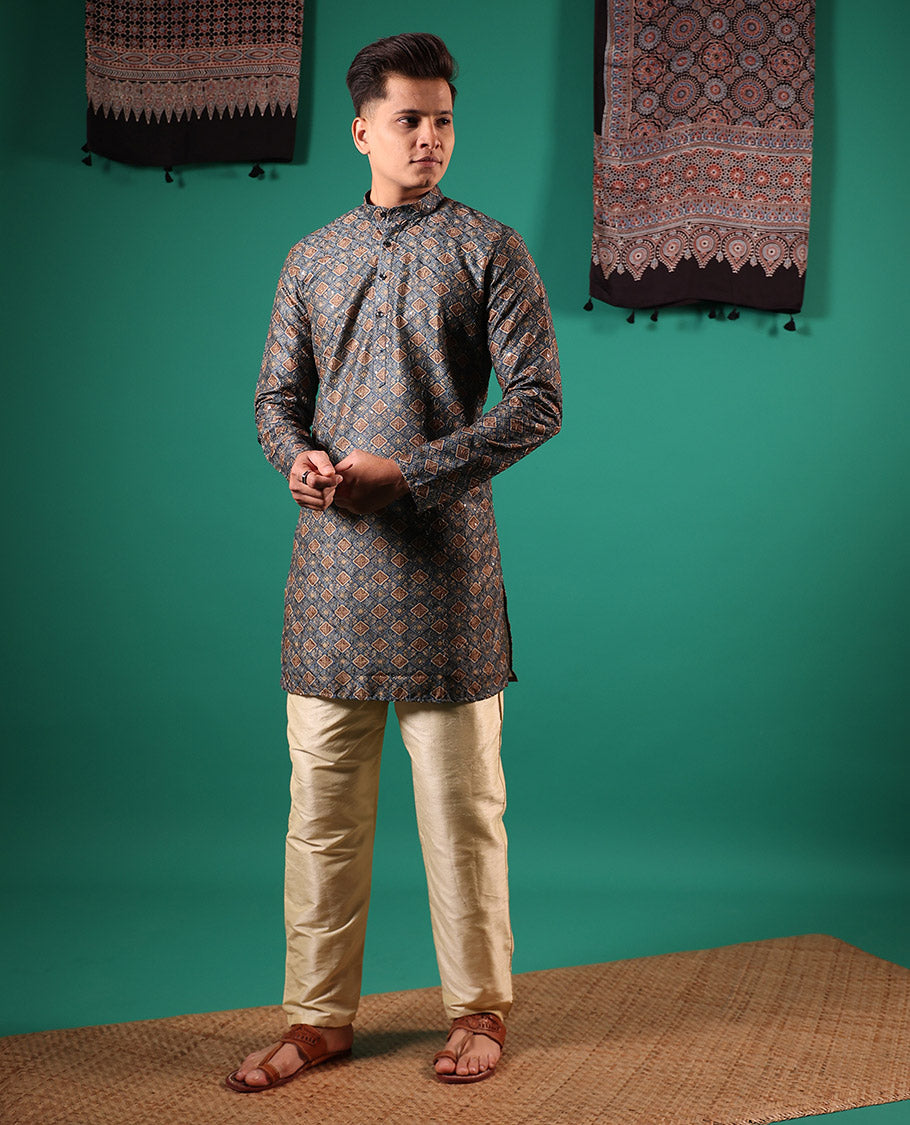 Grey jaal patterns printed with sequins embroidered full-sleeved men's kurta