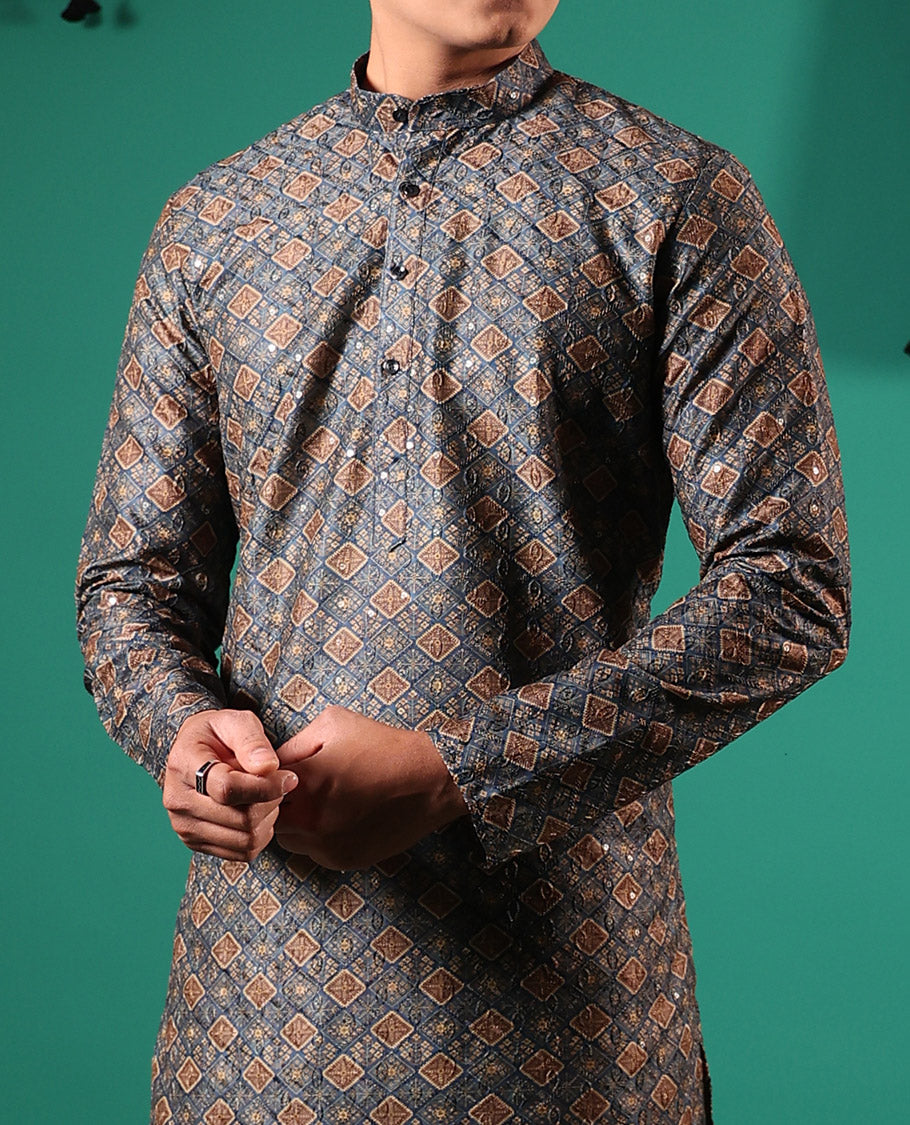 Grey jaal patterns printed with sequins embroidered full-sleeved men's kurta