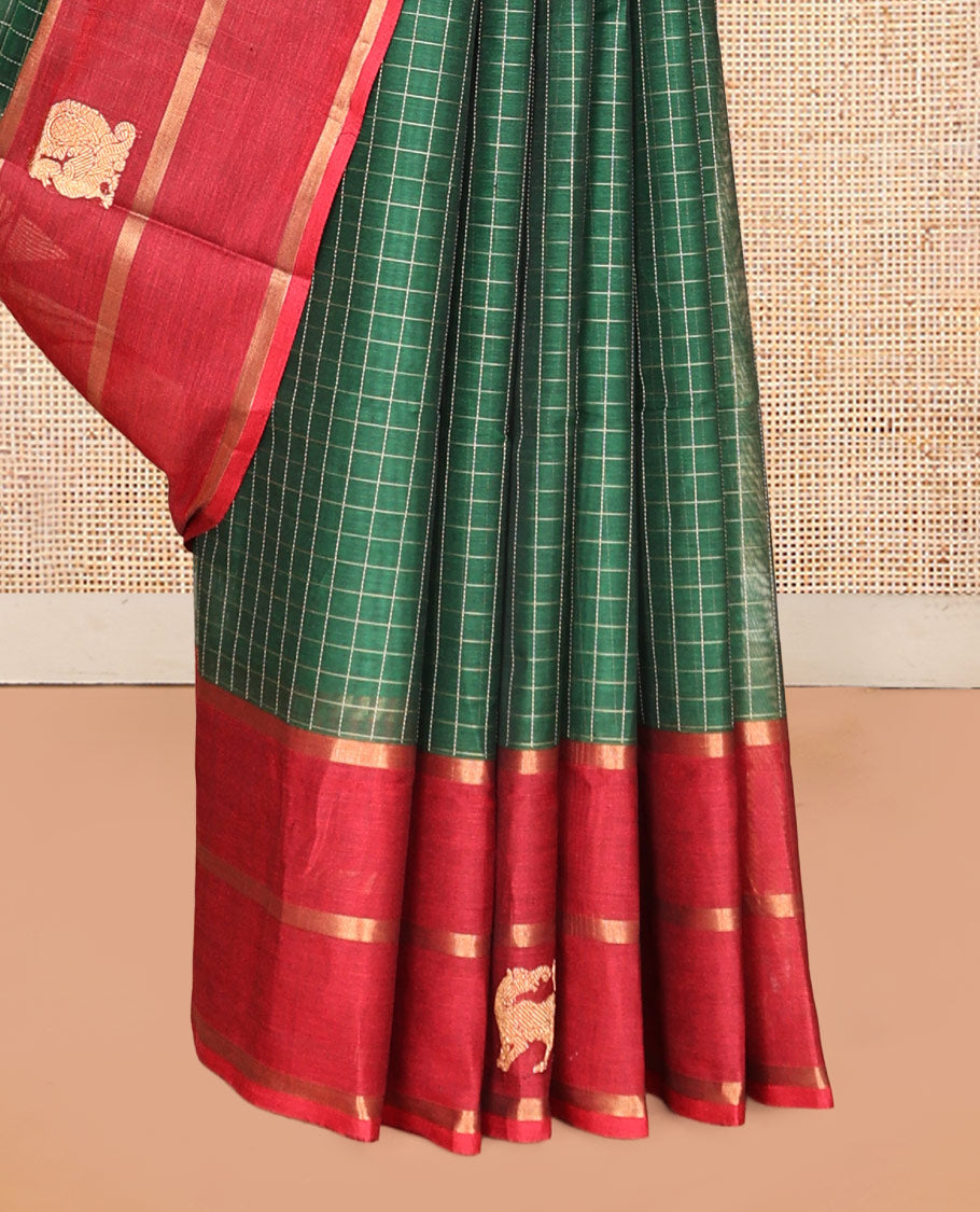Green Checked Kuppadam Silk Saree, a Contrast Traditional Zari Border, Grand Pallu, a Matching Blouse