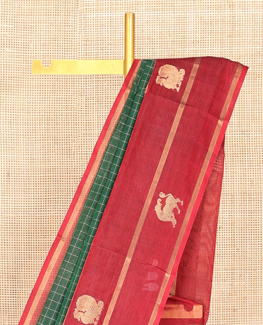 Green Checked Kuppadam Silk Saree, a Contrast Traditional Zari Border, Grand Pallu, a Matching Blouse