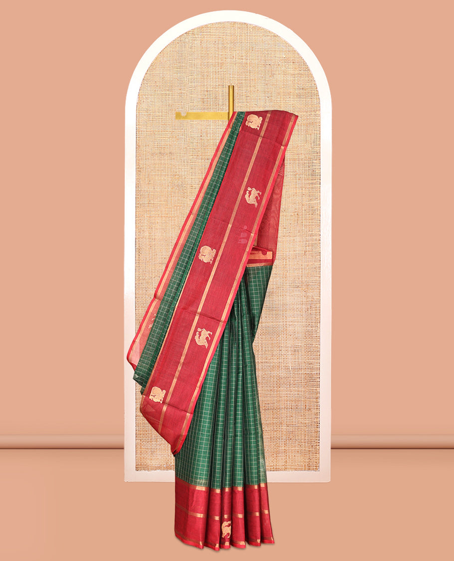 Green Checked Kuppadam Silk Saree, a Contrast Traditional Zari Border, Grand Pallu, a Matching Blouse