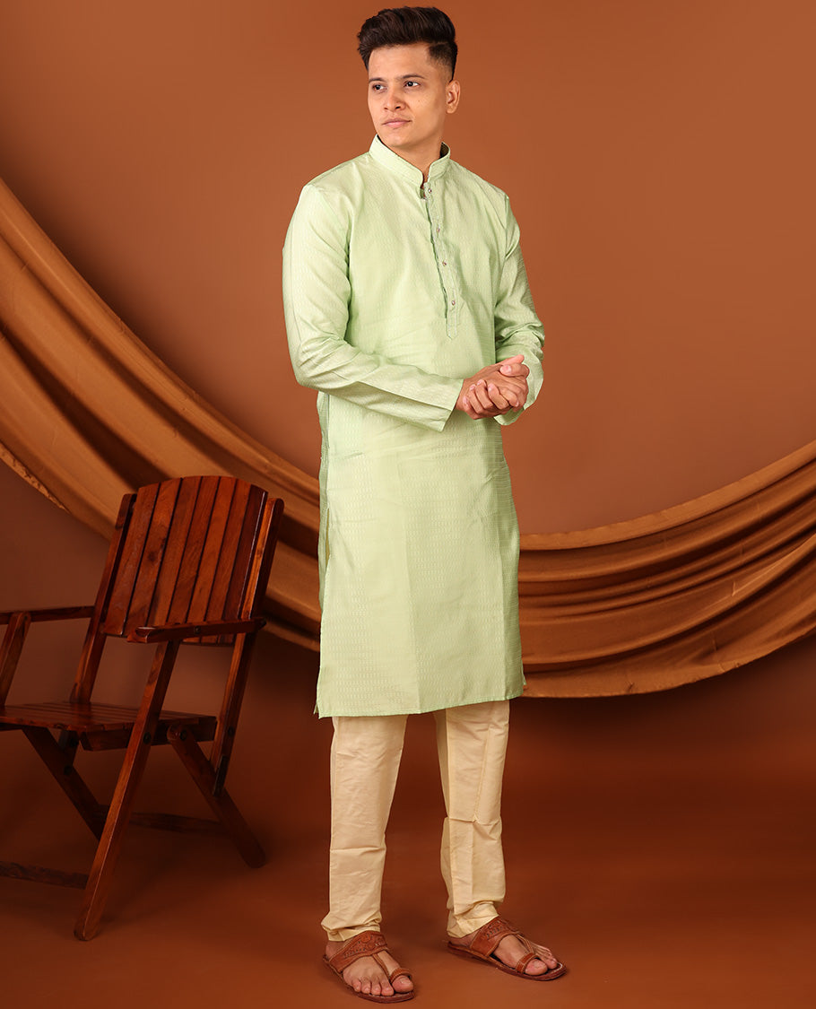 Green Sparsely Woven Embossed Full-Sleeved Men's Kurta