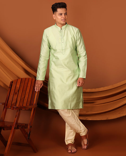 Green Sparsely Woven Embossed Full-Sleeved Men's Kurta