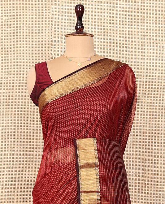 Red Maheshwari Cotton Saree, Subtly Sparkled by Zari Checks, Highlighted by a Traditional Zari Border, Gleaming Zari Decked Up Pallu, and Paired with a Matching Blouse