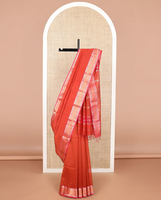 Red maheswari cotton saree with self zari design border & striped pallu