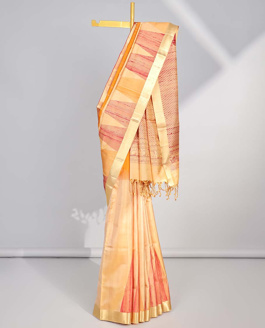 Multi-color soft silk saree with contrast temple border & sptriped pallu