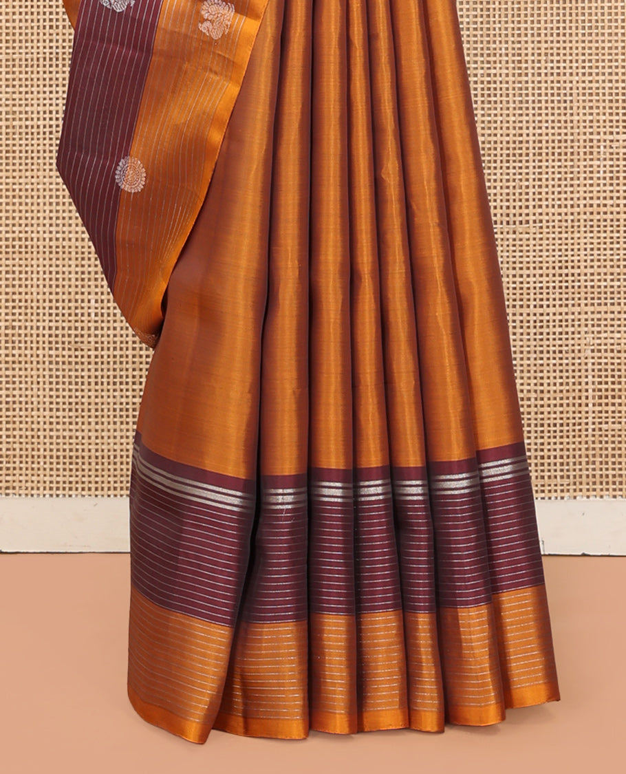 Orange Mayuri Lite Silk Mix Saree, Graced with Mayil and Chakram Zari Buttas, Complemented By Contrast Striped Border of Mayil Design, an Intricate Pallu, and a Contrast Blouse