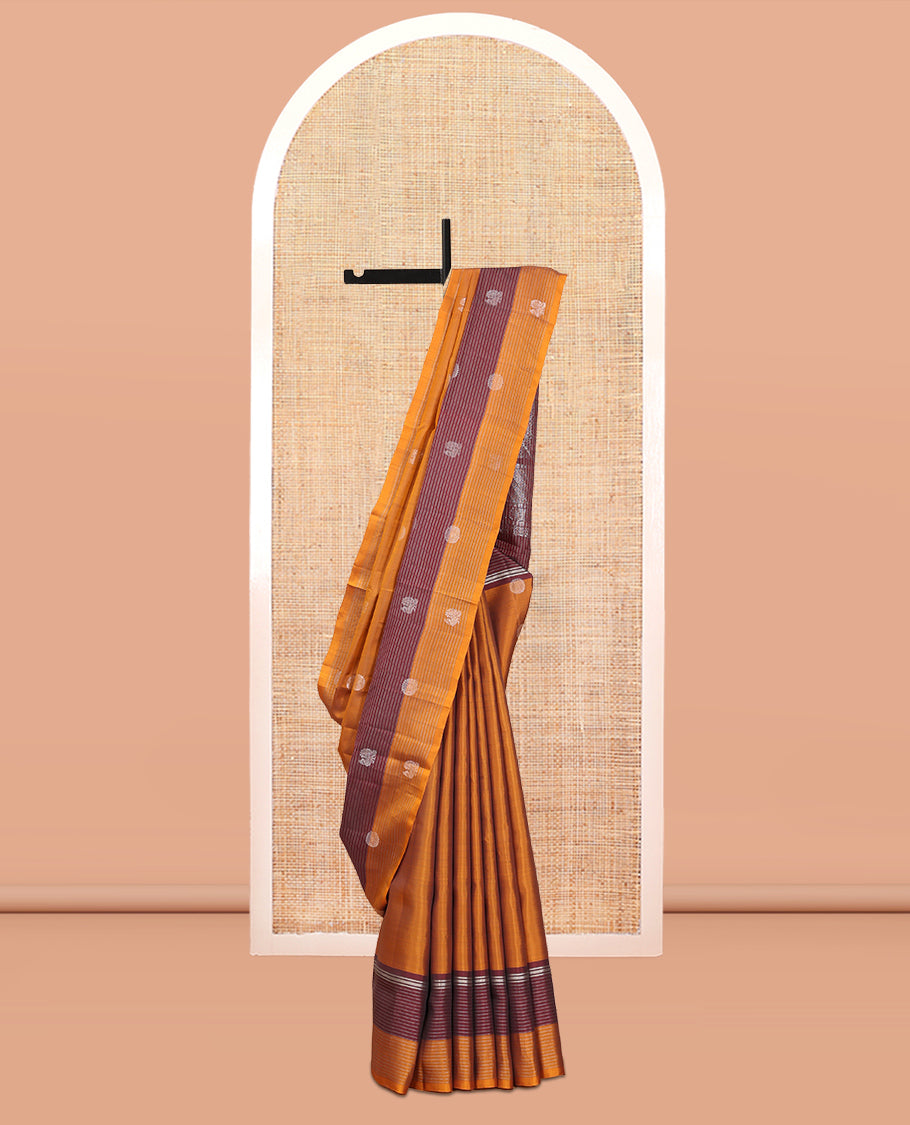 Orange Mayuri Lite Silk Mix Saree, Graced with Mayil and Chakram Zari Buttas, Complemented By Contrast Striped Border of Mayil Design, an Intricate Pallu, and a Contrast Blouse