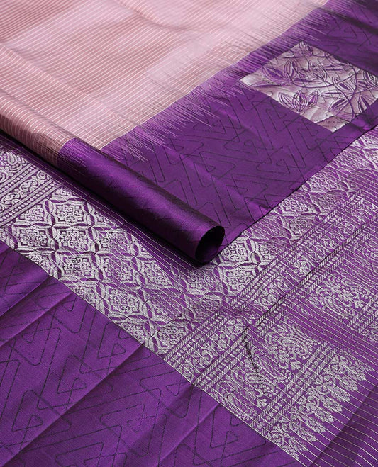 Mauve striped mayuri soft silk saree with contrast geometric design border & argyle design pallu