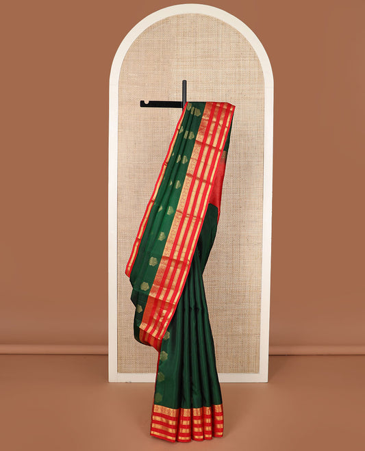 Green zari buttas soft silk saree, contrast border of jadai nagam, vanki & banaras & jaal pallu