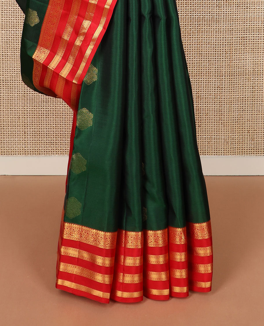 Green zari buttas soft silk saree, contrast border of jadai nagam, vanki & banaras & jaal pallu