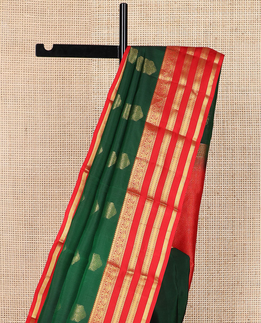 Green zari buttas soft silk saree, contrast border of jadai nagam, vanki & banaras & jaal pallu