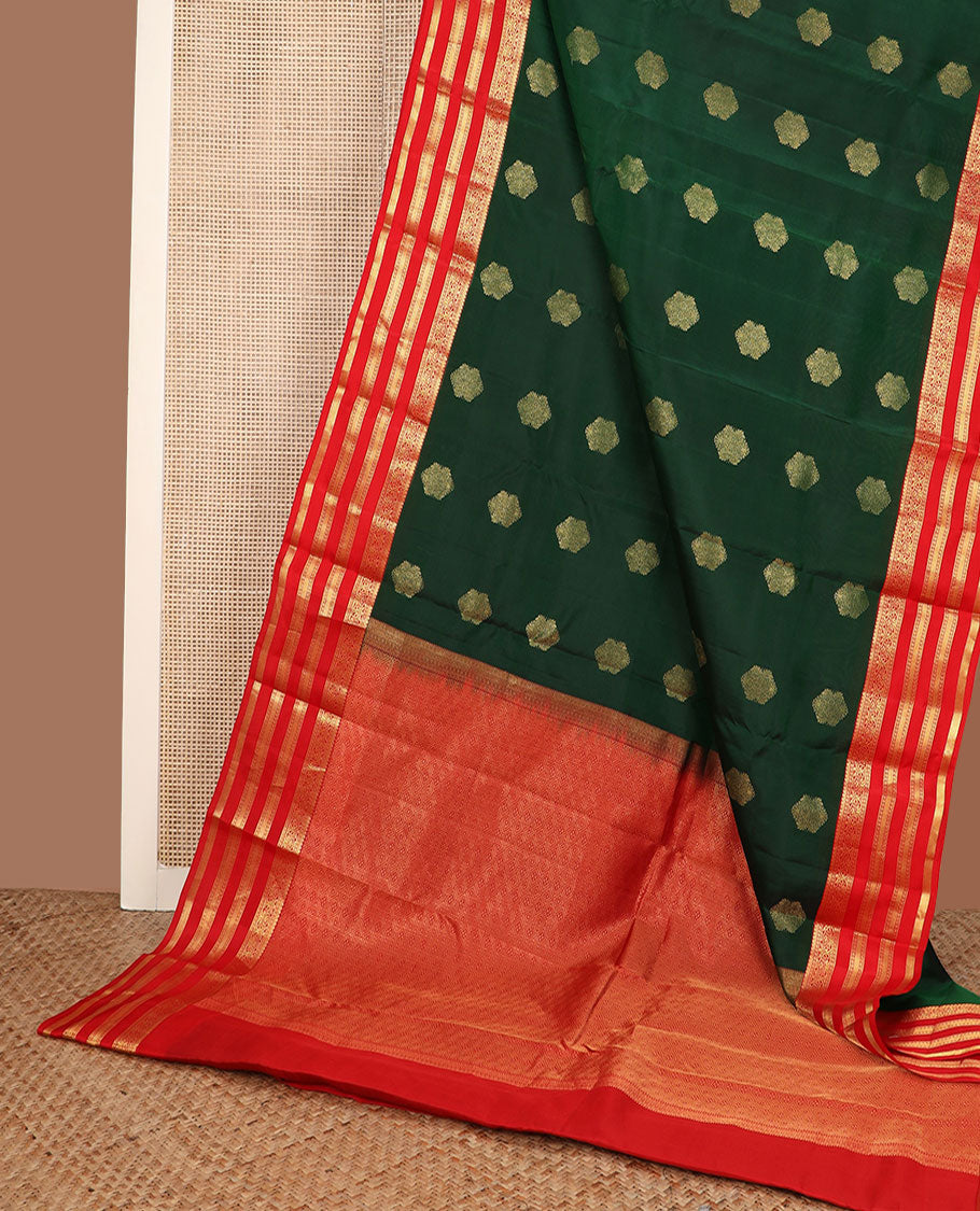 Green zari buttas soft silk saree, contrast border of jadai nagam, vanki & banaras & jaal pallu