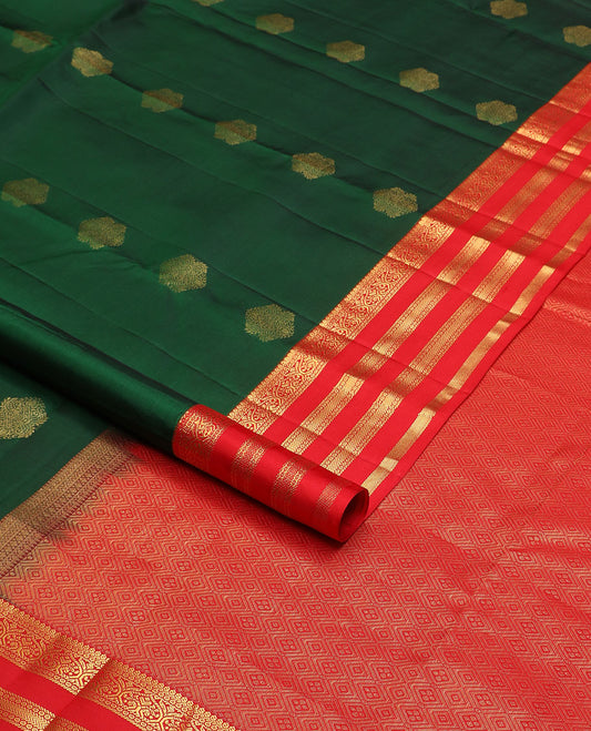 Green zari buttas soft silk saree, contrast border of jadai nagam, vanki & banaras & jaal pallu