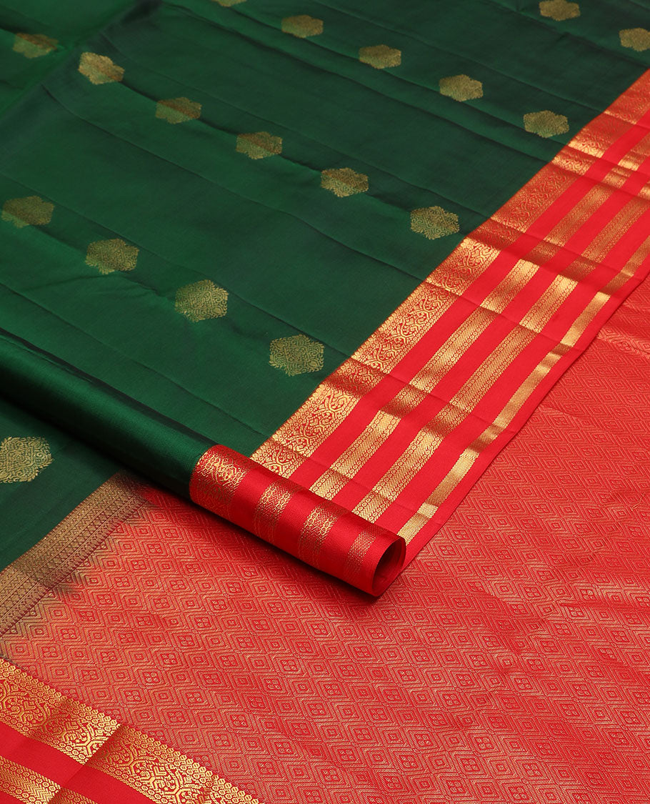 Green zari buttas soft silk saree, contrast border of jadai nagam, vanki & banaras & jaal pallu