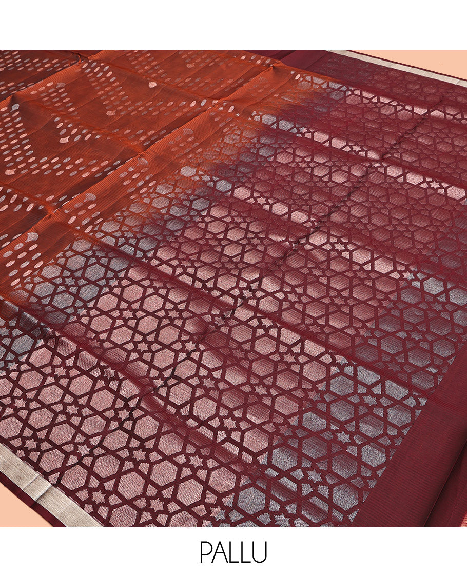 Rust Mayuri Lite Silk Mix Saree, Subtly Sparkled with Zari Buttas, Contrast Border, Pallu of Geometric Designs, and a Contrast Blouse