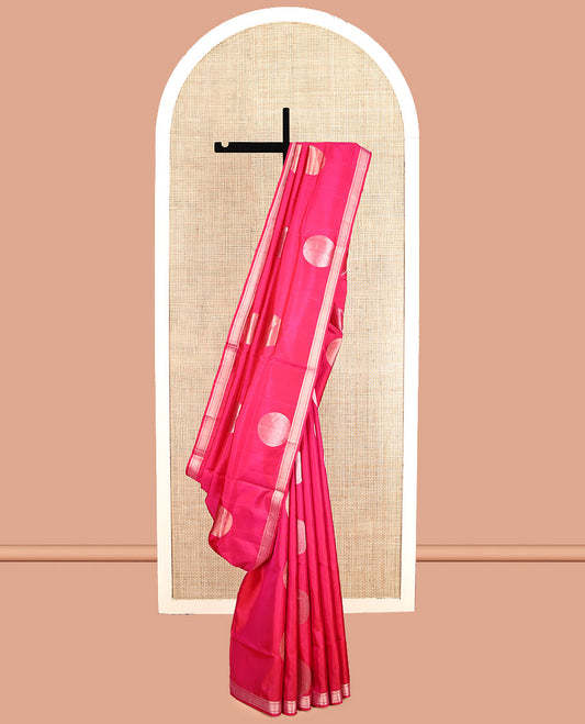 Pink Mayuri Soft Silk Saree, Beautified with Polka-Dot Buttas, a Piping Border, Pallu Steeped with Polka-Dot Designs, and a Matching Blouse