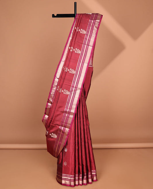 Red striped soft silk saree with floral buttas, contrast border of muthu & mayil kann & pallu of floral designs