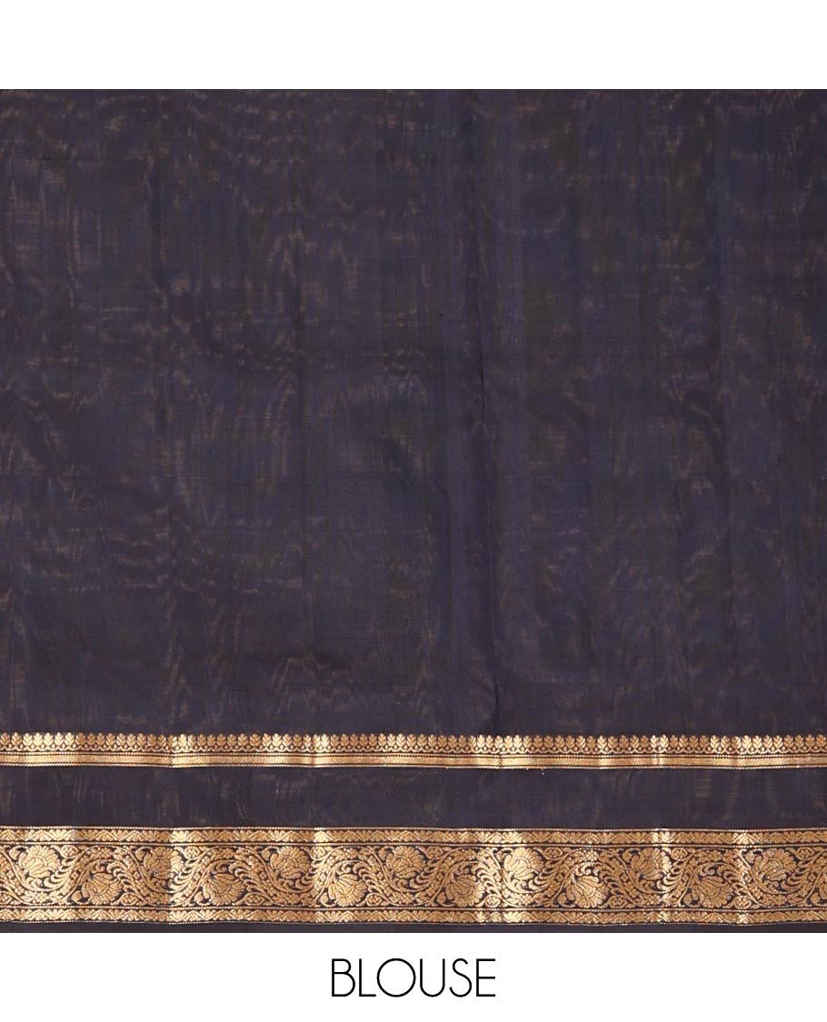 Blue floral buttas soft silk saree, rettai pettu border of thilakam mokku, banaras, and kodi visiry designs