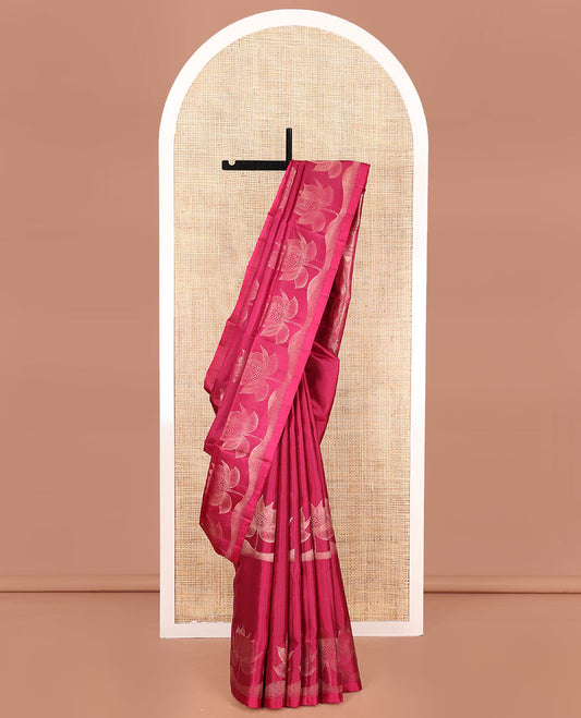Pink Mayuri Soft Silk Saree, Graced with Floral Buttas, Highlighted by Zari Border of Floral Designs, Pallu of Geometric Designs, and Paired with Contrast Blouse