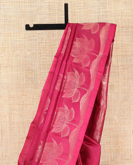 Pink Mayuri Soft Silk Saree, Graced with Floral Buttas, Highlighted by Zari Border of Floral Designs, Pallu of Geometric Designs, and Paired with Contrast Blouse