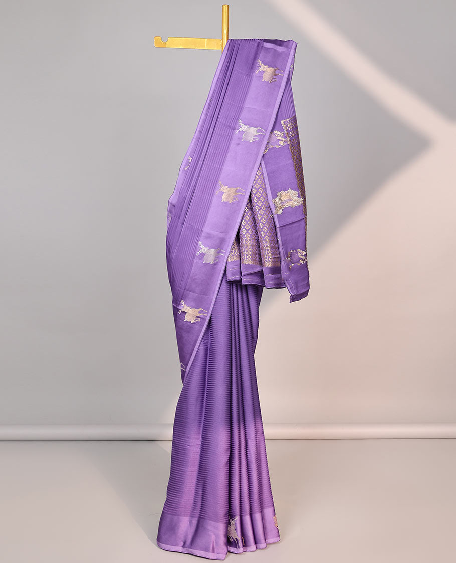 lavender striped mushru silk saree with animal motifs border & pallu of argyle pattern