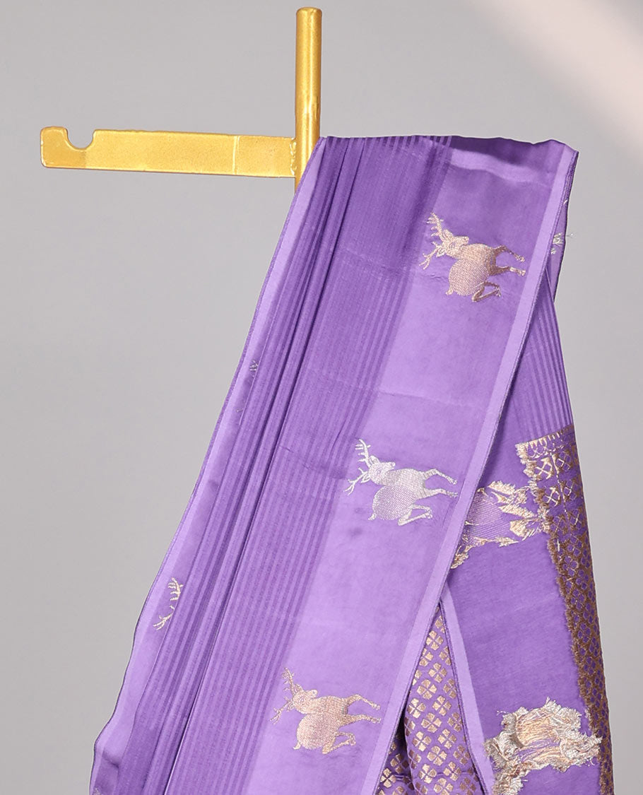 lavender striped mushru silk saree with animal motifs border & pallu of argyle pattern