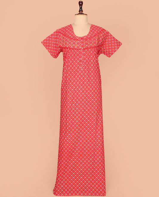 Red Cotton Nighty Decked Up with Ogee Patterns Print, Featuring Lace Work, Round Front Neck, and Half Sleeves