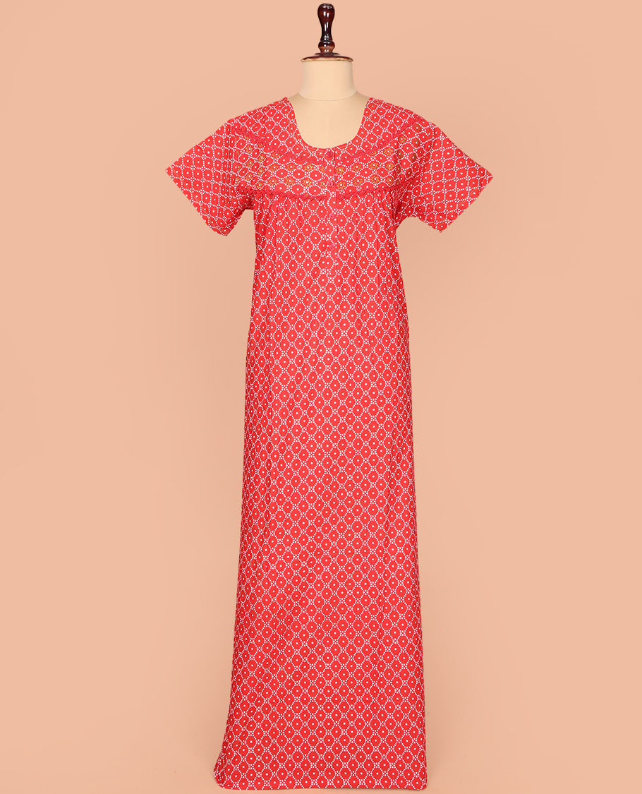 Red Cotton Nighty Decked Up with Ogee Patterns Print, Featuring Lace Work, Round Front Neck, and Half Sleeves