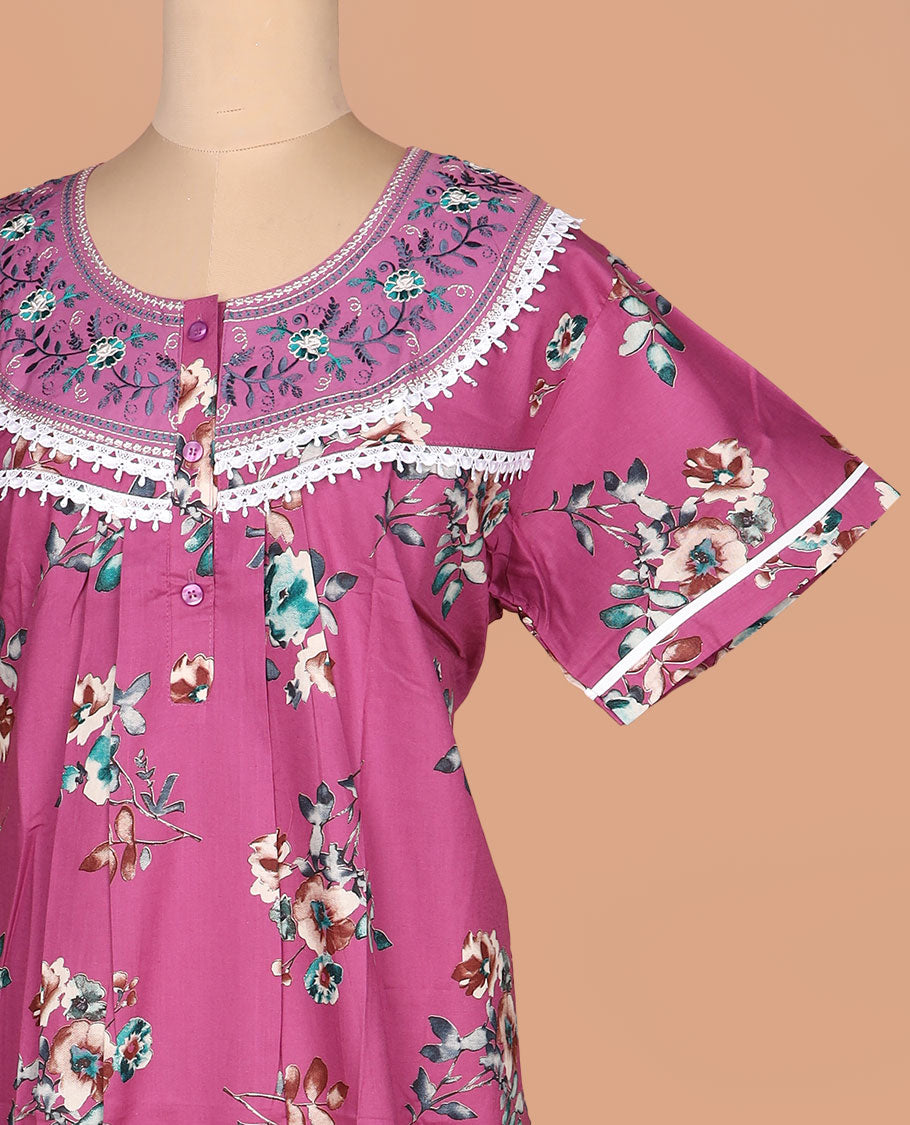 Purple floral printed with embroidered round neck half-sleeve nighty