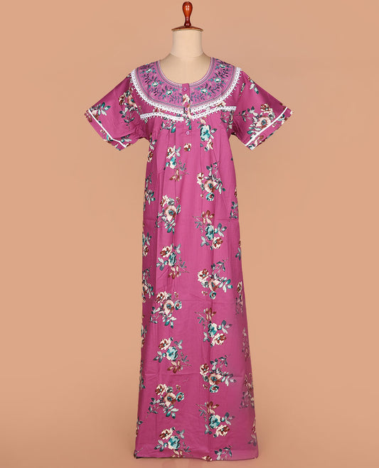 Purple floral printed with embroidered round neck half-sleeve nighty