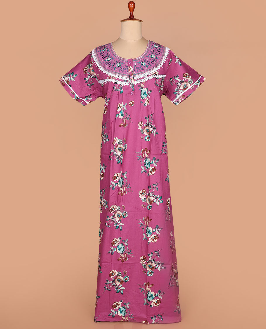 Purple floral printed with embroidered round neck half-sleeve nighty