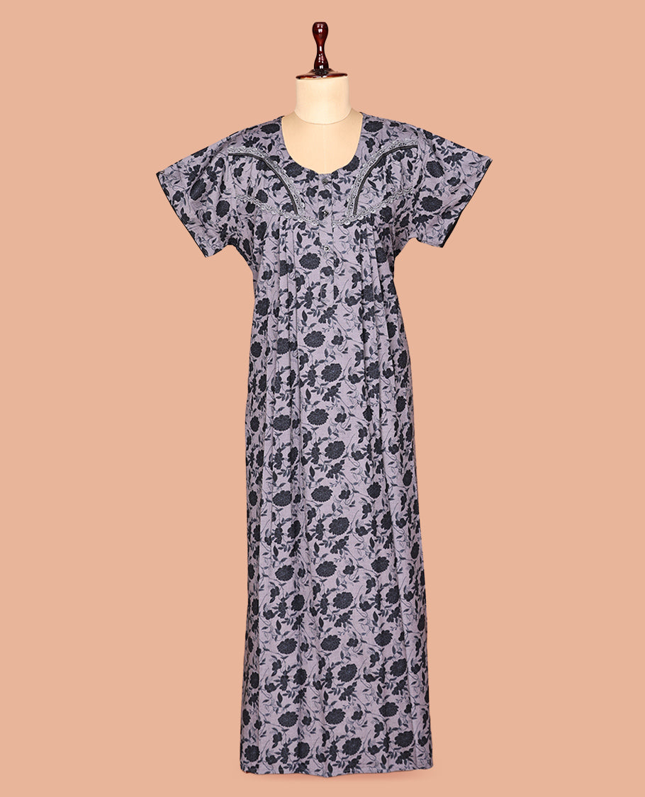 Grey Cotton-Blended Nighty