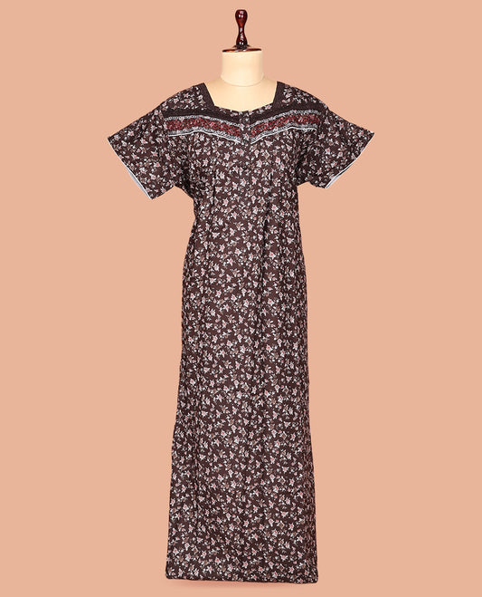 Brown Lace Work Cotton-Blended Nighty