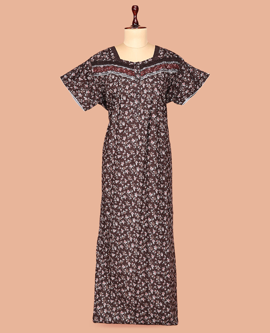 Brown Lace Work Cotton-Blended Nighty