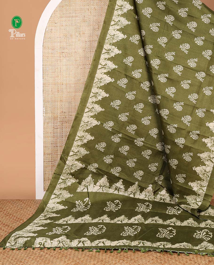 Green all-over pathik peacock print semi Khadi silk saree with pathil temple border & printed rich pallu along with printed blouse