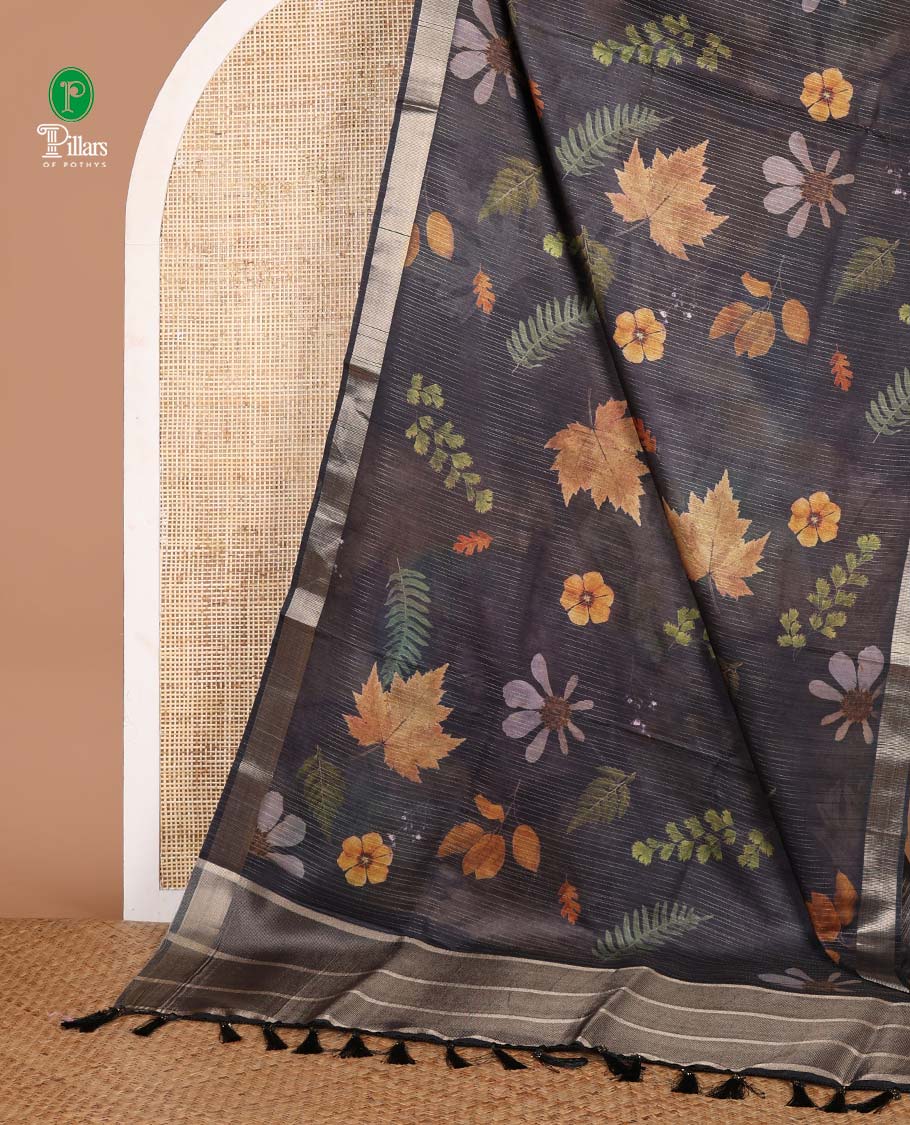 Bottle green floral digital print khicha tussar saree with zari border & lining pallu along with printed blouse