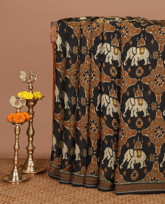 Black pochampally digital printed fendy crepe saree with swarovski stone, lace border & self pallu along with plain blouse