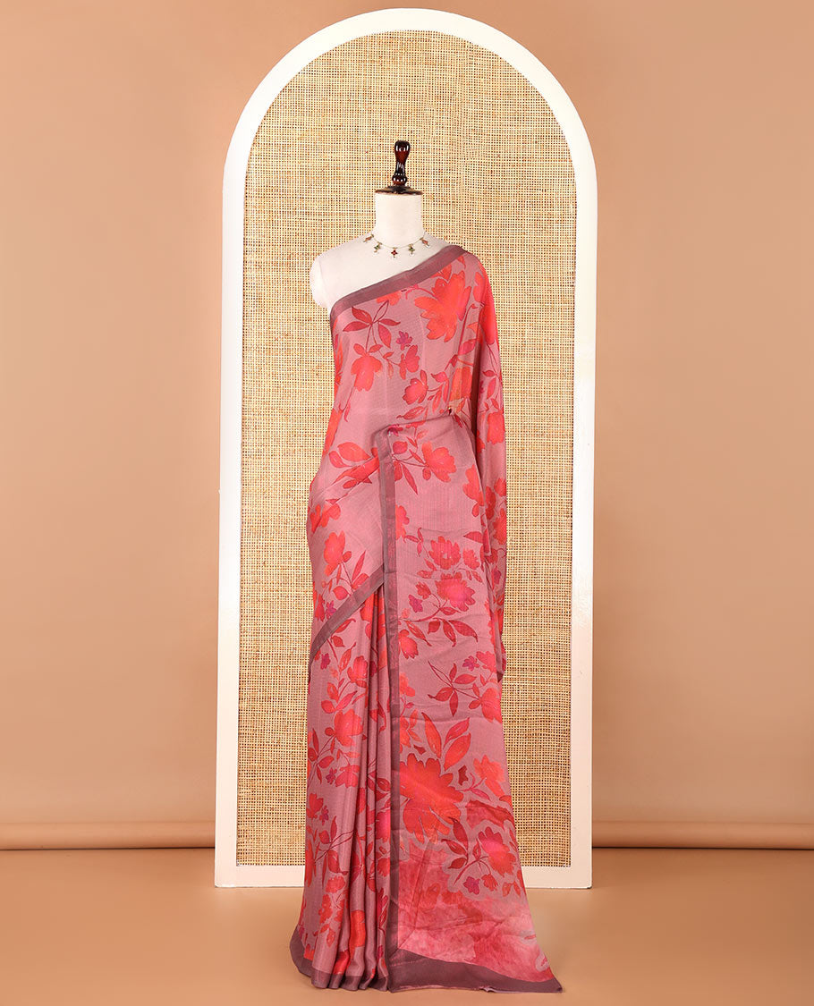 Borderless pink floral digital print brasso saree with self pallu along with printed blouse
