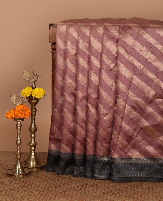 Pink golden zari striped burberry silk saree, contrast zari border & pallu features 1000 dobby-style buttas